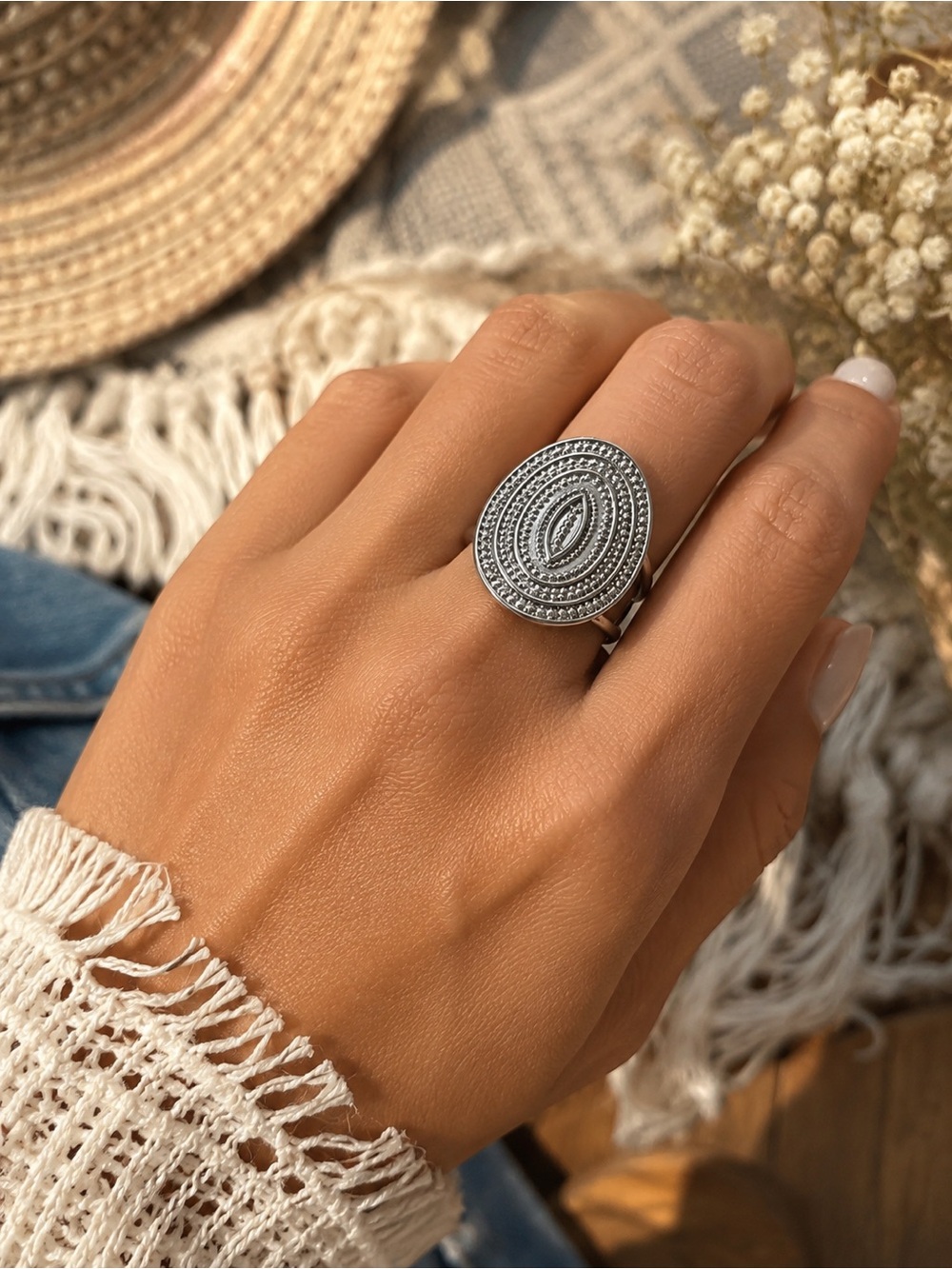 Stainless Steel Adjustable Boho Oval Statement Ring Waterproof Silver
